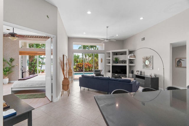 19699 Dinner Key Dr, Boca Raton, FL 33498 - living room featuring light tile patterned flooring, baseboards, visible vents, recessed lighting, and ceiling fan