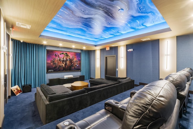 19699 Dinner Key Dr, Boca Raton, FL 33498 - carpeted home theater room featuring visible vents and a tray ceiling