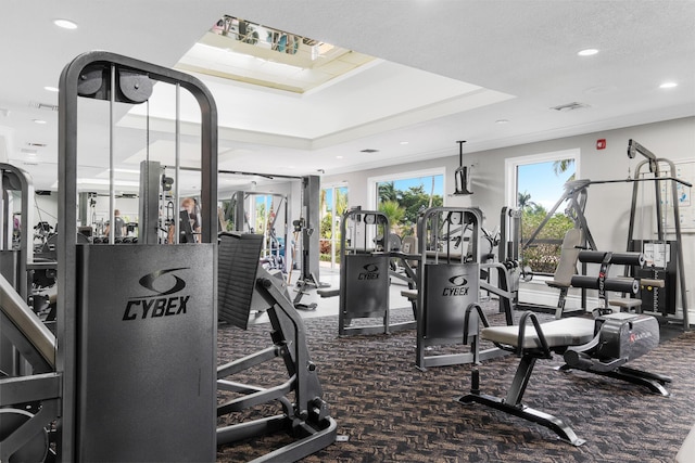 19699 Dinner Key Dr, Boca Raton, FL 33498 - workout area featuring visible vents, carpet flooring, recessed lighting, and a tray ceiling