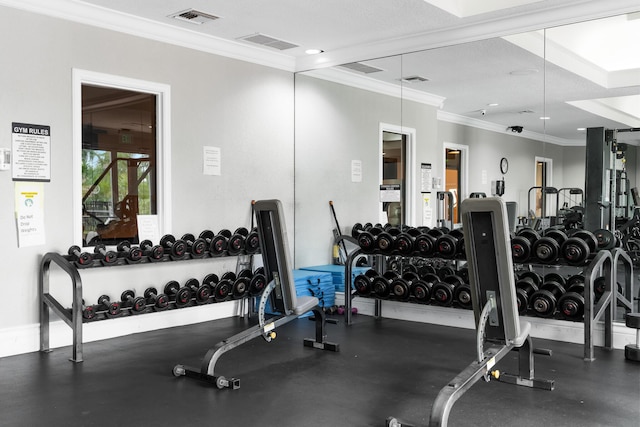 19699 Dinner Key Dr, Boca Raton, FL 33498 - workout area featuring baseboards, ornamental molding, and visible vents