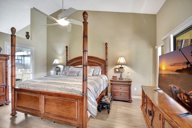 8326 Mooring Cir, Boynton Beach, FL 33472 - bedroom with light wood-type flooring, high vaulted ceiling, connected bathroom, baseboards, and a ceiling fan