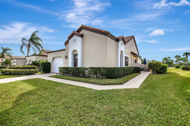 8326 Mooring Cir, Boynton Beach, FL 33472 - view of front of property featuring concrete driveway, a garage, stucco siding, a front yard, and a tiled roof