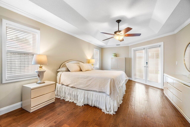 2020 Newhaven Ave, Wellington, FL 33414 - bedroom featuring a raised ceiling, hardwood / wood-style floors, access to outside, ornamental molding, and ceiling fan