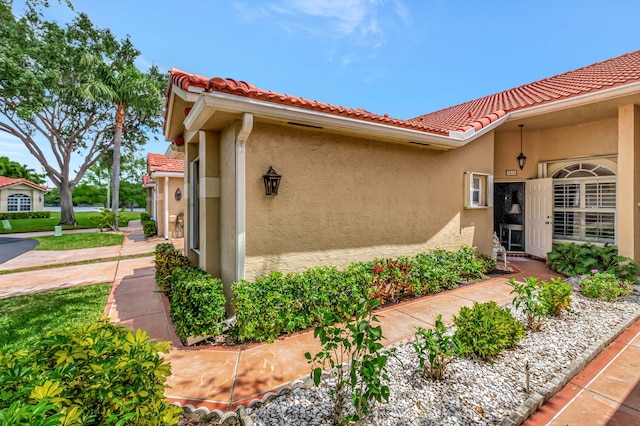 view of exterior entry featuring stucco siding and a tile roof