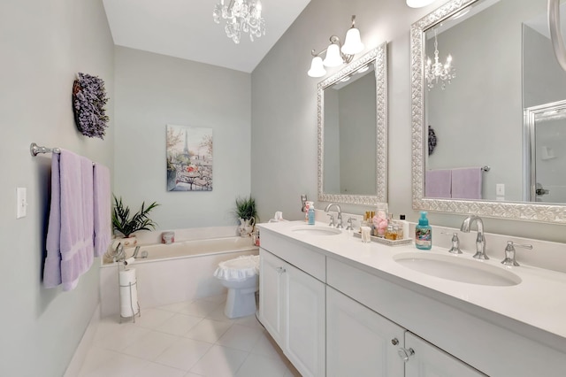 full bath featuring a chandelier, tile patterned floors, a garden tub, and a sink