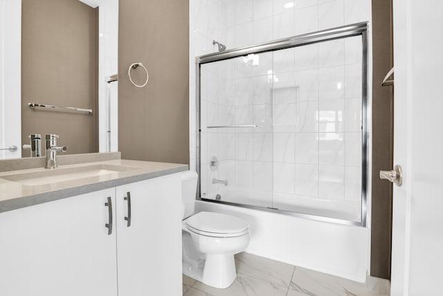 full bathroom with toilet, marble finish floor, vanity, and combined bath / shower with glass door