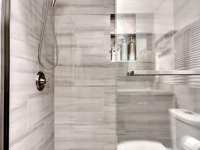bathroom featuring a shower stall and toilet