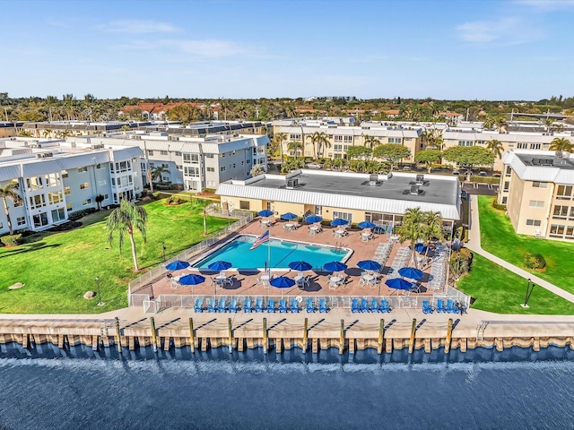 drone / aerial view with a water view