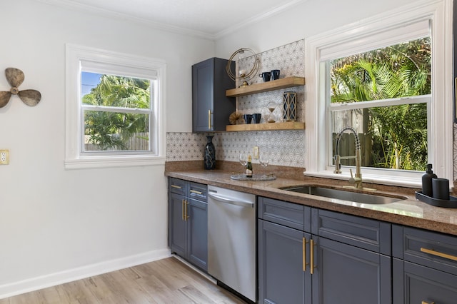 1021 N Palmway, Lake Worth Beach, FL 33460 - kitchen with dishwasher, a sink, blue cabinets, decorative backsplash, and stone countertops