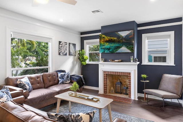1021 N Palmway, Lake Worth Beach, FL 33460 - living room featuring wood finished floors, a fireplace, baseboards, ceiling fan, and recessed lighting