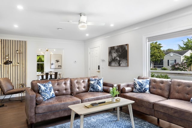 1021 N Palmway, Lake Worth Beach, FL 33460 - living area featuring a ceiling fan, wood finished floors, healthy amount of natural light, and recessed lighting