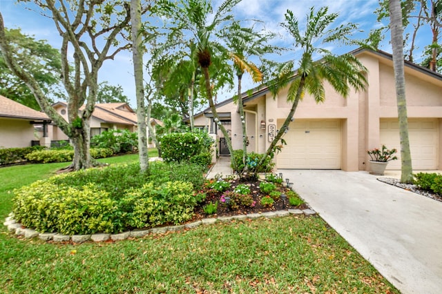 view of front of home featuring an attached garage, driveway, stucco siding, and a front lawn