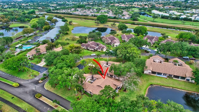 aerial view with a water view and a residential view