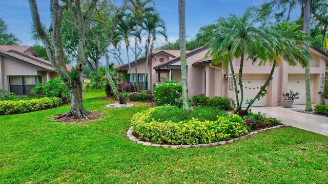 view of front of house with an attached garage, driveway, stucco siding, and a front lawn