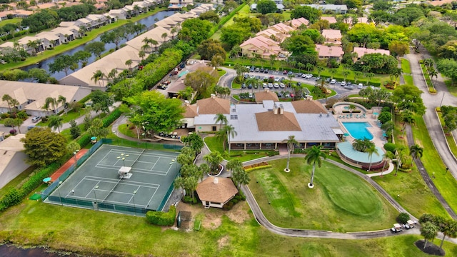 bird's eye view featuring a residential view and a water view