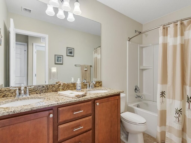 full bathroom with double vanity, shower / bathtub combination with curtain, toilet, and a chandelier