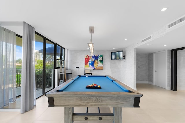 game room featuring light tile patterned flooring, visible vents, and pool table