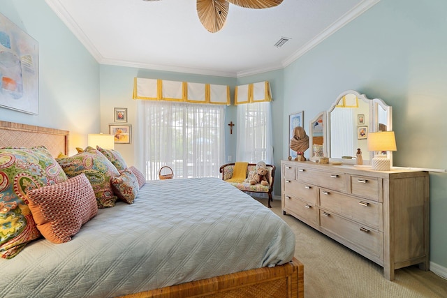 bedroom featuring light colored carpet, visible vents, ornamental molding, and baseboards