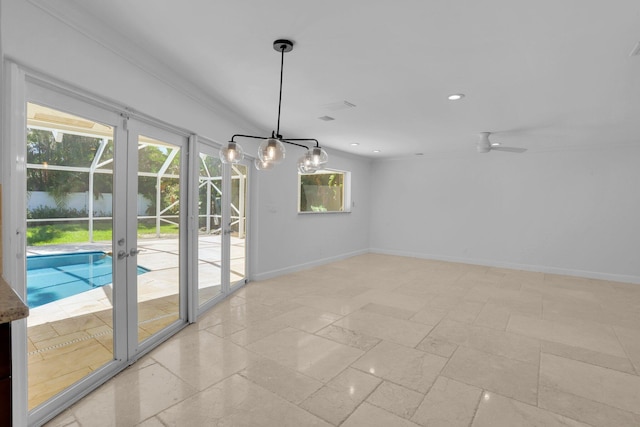 6769 Entrada Pl, Boca Raton, FL 33433 - unfurnished dining area featuring french doors, a chandelier, recessed lighting, a water view, and ornamental molding
