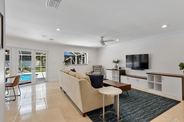 6769 Entrada Pl, Boca Raton, FL 33433 - living room with recessed lighting, a ceiling fan, french doors, and baseboards