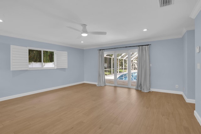 6769 Entrada Pl, Boca Raton, FL 33433 - empty room with crown molding, ceiling fan, light wood-type flooring, and recessed lighting