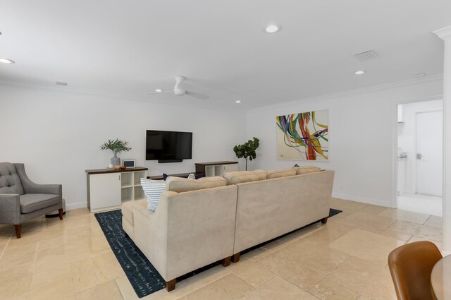 6769 Entrada Pl, Boca Raton, FL 33433 - living area featuring ornamental molding, recessed lighting, a ceiling fan, and baseboards