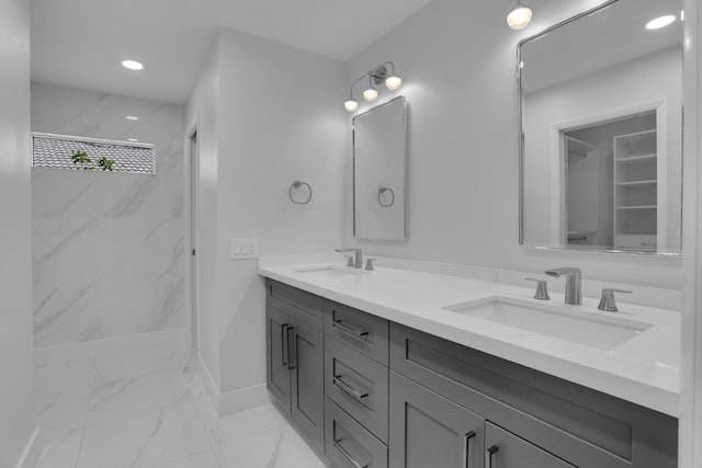 6769 Entrada Pl, Boca Raton, FL 33433 - bathroom with marble finish floors, double vanity, a marble finish shower, and recessed lighting