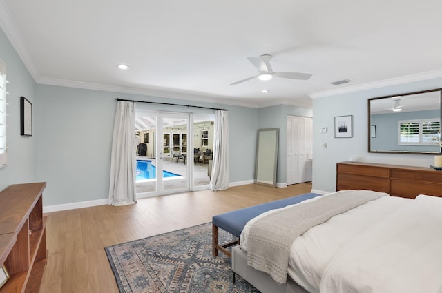 6769 Entrada Pl, Boca Raton, FL 33433 - bedroom with access to outside, light wood finished floors, crown molding, baseboards, and recessed lighting