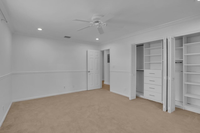 6769 Entrada Pl, Boca Raton, FL 33433 - unfurnished bedroom with light colored carpet, multiple closets, recessed lighting, crown molding, and a ceiling fan
