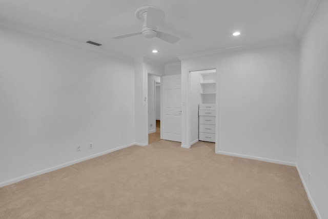 6769 Entrada Pl, Boca Raton, FL 33433 - unfurnished bedroom with ornamental molding, light colored carpet, recessed lighting, and ceiling fan