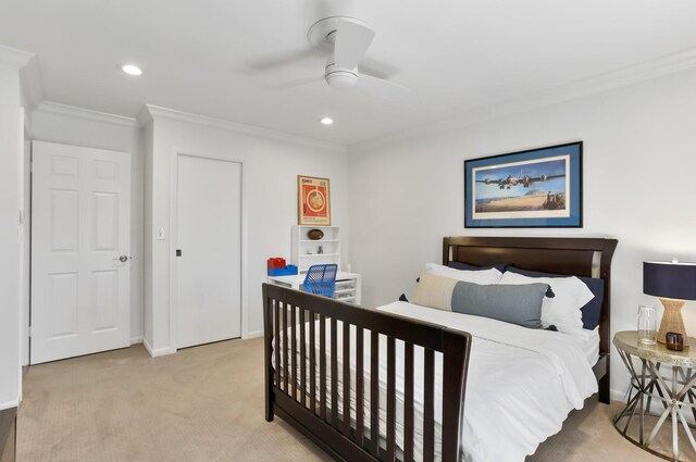 6769 Entrada Pl, Boca Raton, FL 33433 - carpeted bedroom featuring ornamental molding, recessed lighting, baseboards, and a ceiling fan
