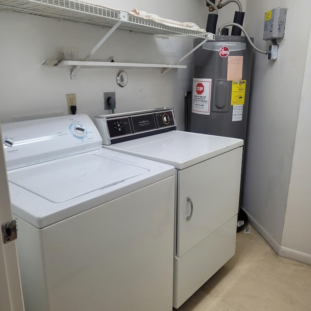 135 Meander Cir, Royal Palm Beach, FL 33411 - washroom featuring water heater, laundry area, light colored carpet, washing machine and clothes dryer, and baseboards