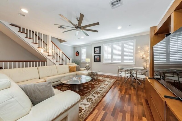 310 E Mallory Cir, Delray Beach, FL 33483 - living room with visible vents, a ceiling fan, recessed lighting, stairway, and wood finished floors
