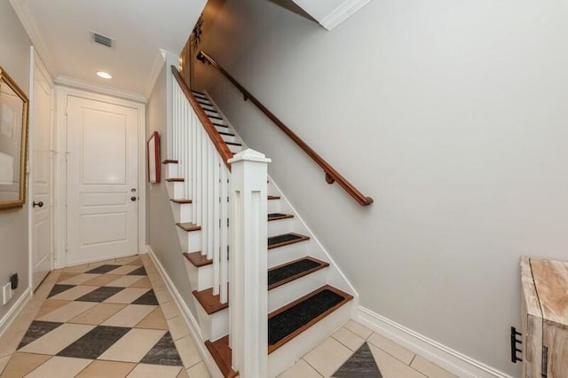 310 E Mallory Cir, Delray Beach, FL 33483 - stairway featuring crown molding, tile patterned flooring, visible vents, recessed lighting, and baseboards