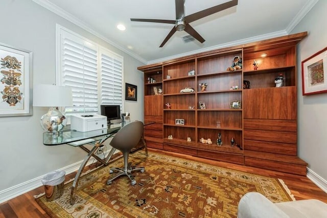 310 E Mallory Cir, Delray Beach, FL 33483 - office space with ornamental molding, baseboards, a ceiling fan, and wood finished floors