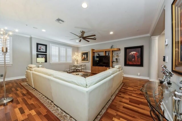 310 E Mallory Cir, Delray Beach, FL 33483 - living room featuring crown molding, visible vents, a ceiling fan, and wood finished floors