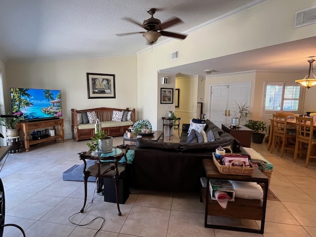 1380 SW 1st St, Boca Raton, FL 33486 - living area with vaulted ceiling, ornamental molding, ceiling fan, light tile patterned floors, and a textured ceiling