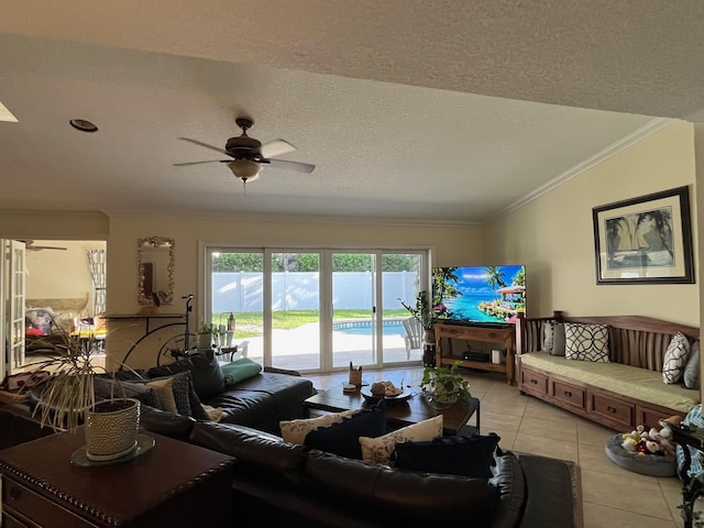 1380 SW 1st St, Boca Raton, FL 33486 - living area with a ceiling fan, light tile patterned flooring, ornamental molding, and a textured ceiling