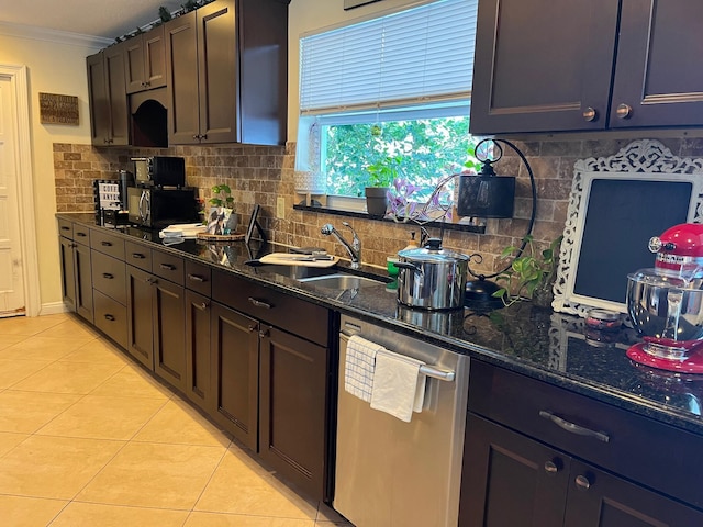 1380 SW 1st St, Boca Raton, FL 33486 - kitchen featuring dishwasher, light tile patterned floors, black microwave, decorative backsplash, and crown molding