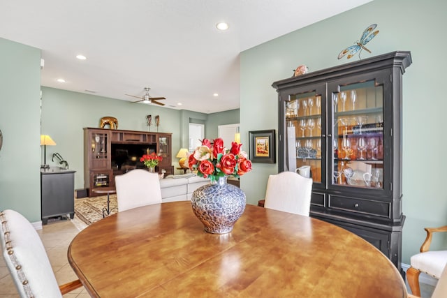 9068 Clearhill Rd, Boynton Beach, FL 33473 - dining area with light tile patterned floors, ceiling fan, and recessed lighting