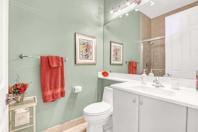 9068 Clearhill Rd, Boynton Beach, FL 33473 - bathroom featuring vanity, baseboards, tile patterned floors, toilet, and a shower stall