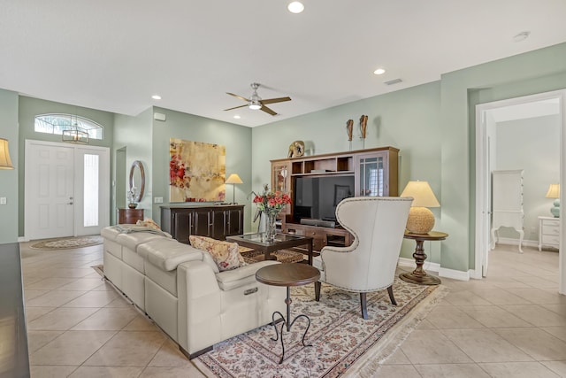 9068 Clearhill Rd, Boynton Beach, FL 33473 - living room featuring ceiling fan with notable chandelier, light tile patterned floors, visible vents, and recessed lighting