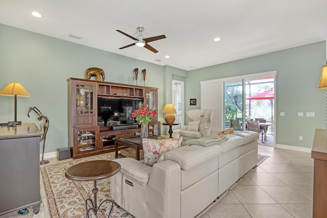 9068 Clearhill Rd, Boynton Beach, FL 33473 - living room featuring light tile patterned floors, a ceiling fan, visible vents, and recessed lighting