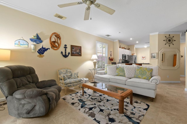 630 SW Treasure Cv, Port Saint Lucie, FL 34953 - living room featuring a ceiling fan, visible vents, crown molding, light tile patterned floors, and baseboards