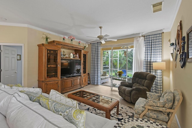 630 SW Treasure Cv, Port Saint Lucie, FL 34953 - living room featuring crown molding, a ceiling fan, baseboards, and visible vents
