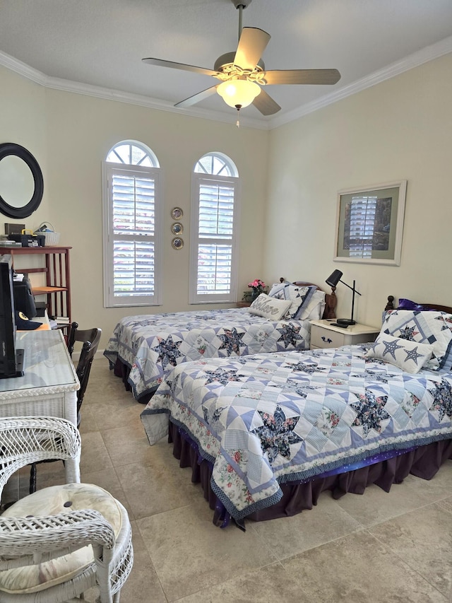 630 SW Treasure Cv, Port Saint Lucie, FL 34953 - bedroom featuring crown molding, a ceiling fan, and tile patterned flooring