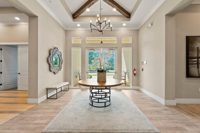 foyer with recessed lighting, baseboards, beam ceiling, and a chandelier
