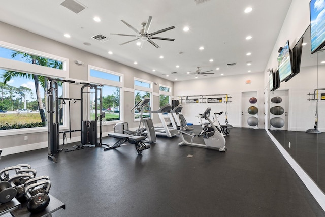 workout area with a ceiling fan, visible vents, and recessed lighting