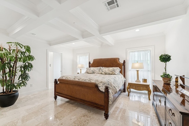 bedroom featuring recessed lighting, beam ceiling, visible vents, baseboards, and ornamental molding