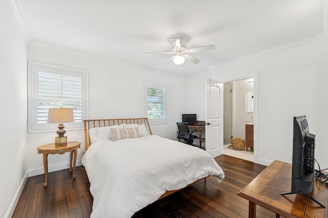 bedroom featuring ceiling fan, ornamental molding, dark wood finished floors, and baseboards